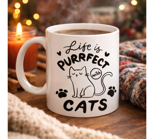 Life is Purrfect with Cats – Kedi Desenli Porselen Kupa MODEL 62 Sevimli Kedi Figürlü Kahve Kupası