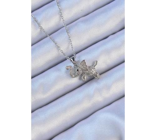 316L Çelik Zincir Gümüş Renk Zirkon Taşlı Fil Kolye