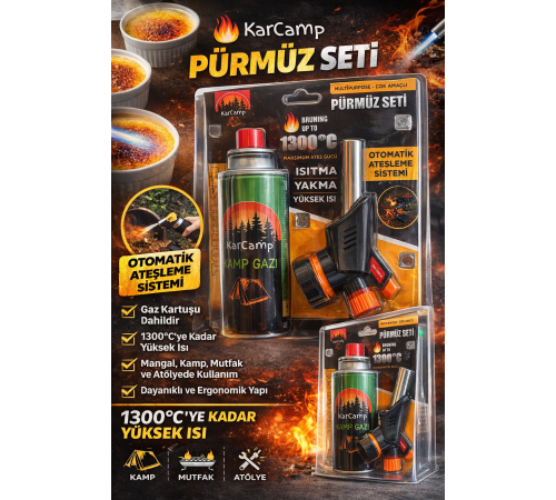 KarCamp Pürmüz Seti Kamp Gazlı Torch Çakmak Otomatik Ateşlemeli 1300°C Çok Amaçlı Mutfak Kamp Kaynak Pürmüz Seti Gaz Kartuşlu