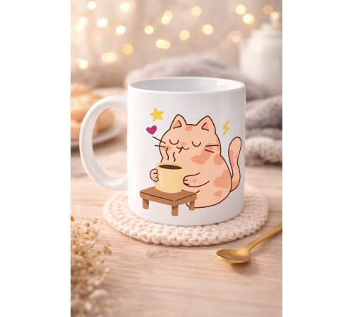 Sevimli Kedi Tasarımlı Porselen Kupa MODEL 196 – Kahve İçen Kedi Baskılı Porselen Kahve Kupası – Kedi Severlere Hediyelik Porselen Kupa Bardak 330 ml