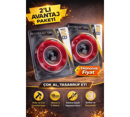 VHB Akrilik Silikon Bant 18mm x 2 Metre Şeffaf Çift Taraflı Güçlü Yapıştırıcı Bant 2 Adet