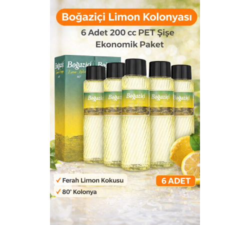 Boğaziçi Limon Kolonyası 200 cc PET Şişe 6 Adet 80° Ferahlatıcı Limon Kokulu Kolonya Ekonomik Paket
