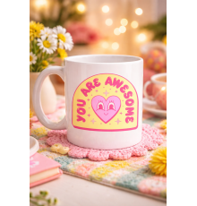 You Are Awesome Yazılı Kalpli Tasarım Porselen Kupa MODEL 187 – Motivasyon Mesajlı Sevimli Kahve Kupası – Hediye Kupa Bardak