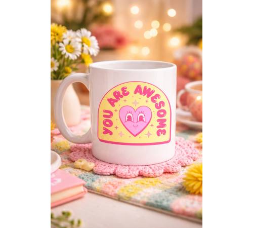 You Are Awesome Yazılı Kalpli Tasarım Porselen Kupa MODEL 187 – Motivasyon Mesajlı Sevimli Kahve Kupası – Hediye Kupa Bardak