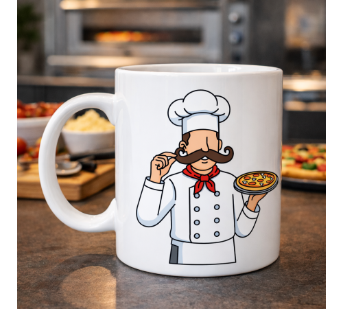 Pizza Ustası Tasarımlı Porselen Kupa MODEL 165 – Aşçı Temalı Kahve Kupası – Pizza Sevenlere Hediye – Şef Desenli Beyaz Kupa