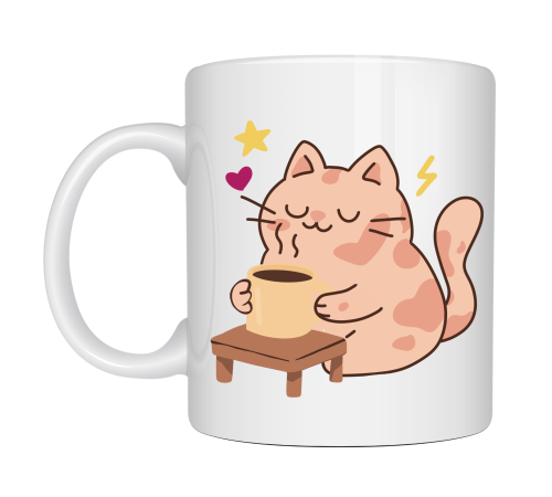 Sevimli Kedi Tasarımlı Porselen Kupa MODEL 196 – Kahve İçen Kedi Baskılı Porselen Kahve Kupası – Kedi Severlere Hediyelik Porselen Kupa Bardak 330 ml