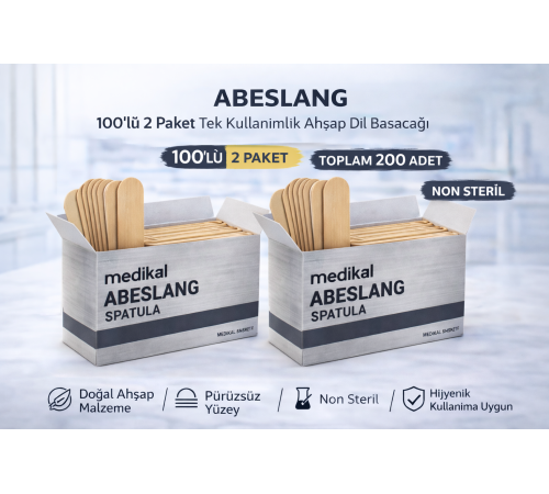 Abeslang 100'lü 2 Paket Tek Kullanımlık Ahşap Dil Basacağı Non Steril Medikal Spatula Toplam 200 Adet