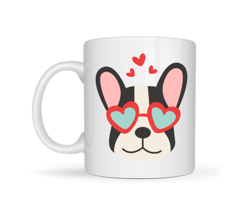 French Bulldog Desenli Kalpli Gözlüklü Porselen Kupa Model 50 – Sevimli Köpek Tasarımlı Kahve Kupası