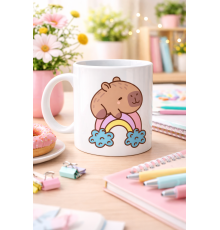 Sevimli Kapibara Gökkuşağı Tasarımlı Porselen Kupa MODEL 119 – Tatlı Hayvan Figürlü Kahve & Çay Kupası