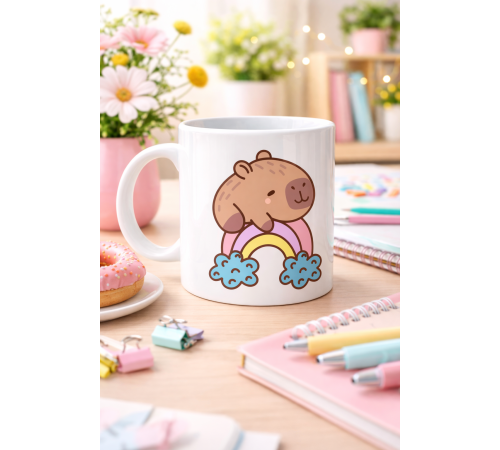 Sevimli Kapibara Gökkuşağı Tasarımlı Porselen Kupa MODEL 119 – Tatlı Hayvan Figürlü Kahve & Çay Kupası