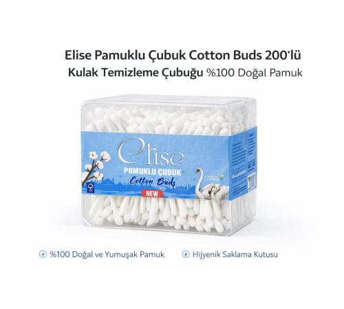 Elise Pamuklu Çubuk Cotton Buds 200’lü Kulak Temizleme Çubuğu Doğal Pamuk 1 Paket
