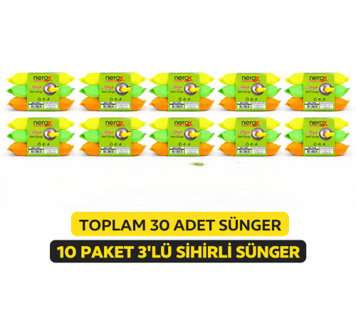 Nerox Magic Sihirli Sünger 3'lü 10 Paket Toplam 30 Adet Çok Amaçlı Temizlik Süngeri Mutfak Bulaşık Banyo Temizlik Süngeri