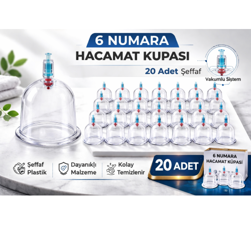 6 Numara Hacamat Kupası 20 Adet Vakumlu Kupa Bardak Dayanıklı Plastik Manuel Hacamat Kabı