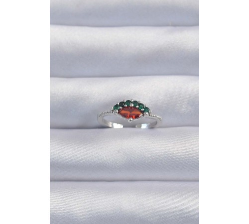 Pirinç Gümüş Renk Renkli Zirkon Taşlı Ayarlanabilir Karpuz Model Yüzük