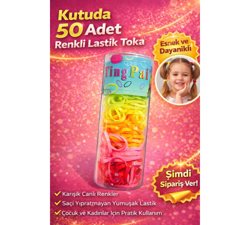 50 Adet Renkli Lastik Toka Seti Kutu İçinde Karışık Renkli Saç Lastiği Çocuk ve Kadın Saç Tokası