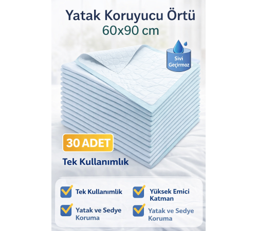 Yatak Koruyucu Örtü 60x90 cm 30 Adet Tek Kullanımlık Sıvı Geçirmez Hasta Altı Bezi