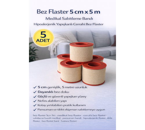 Bez Flaster 5 cm x 5 m Medikal Sabitleme Bandı Hipoalerjenik Yapışkanlı Cerrahi Bez Flaster 5 ADET
