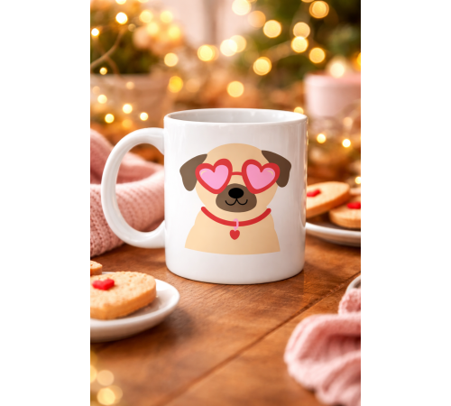 Sevimli Kalpli Gözlüklü Köpek Desenli Porselen Kupa Model 46 – Aşk Dolu Tasarım Hediyelik Kahve Kupası
