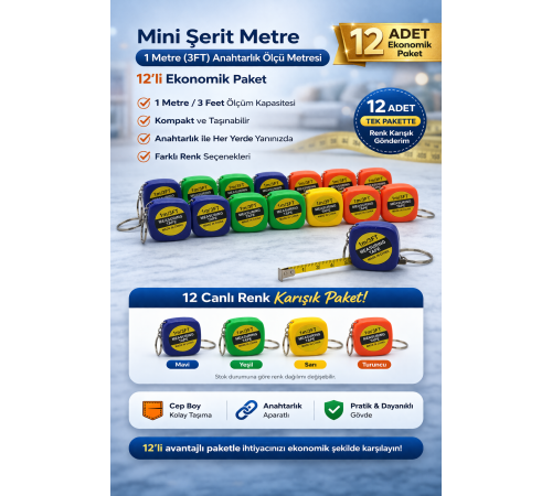 Mini Şerit Metre 1 Metre 3FT Anahtarlık Ölçü Metresi Taşınabilir Cep Metre 12 Adet