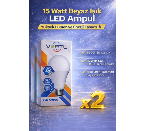 LED Ampul 15 Watt Beyaz Işık 6500K Yüksek Lümen E27 Duy Enerji Tasarruflu 2 Adet