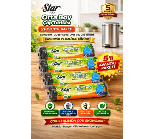 Star Plus Orta Boy Çöp Torbası 20'li 5 Paket 55x60 cm Dayanıklı Sızdırmaz Orta Boy Çöp Poşeti