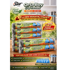 Star Plus Orta Boy Çöp Torbası 20'li 10 Paket 55x60 cm Dayanıklı Sızdırmaz Orta Boy Çöp Poşeti