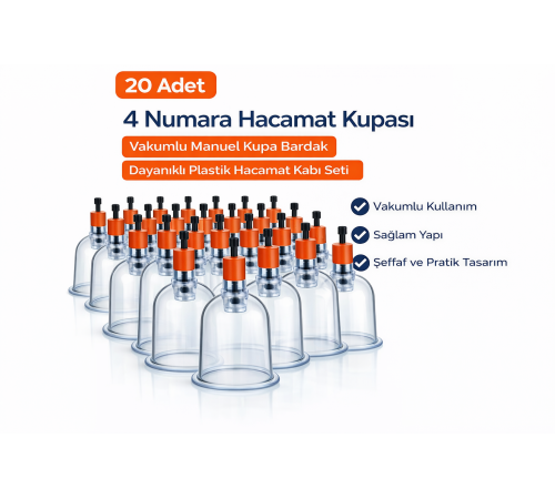 4 Numara Hacamat Kupası 20 Adet Vakumlu Manuel Kupa Bardak Dayanıklı Plastik Hacamat Kabı