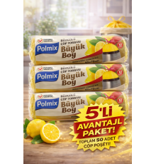 Polmix Limon Kokulu Büzgülü Büyük Boy Çöp Torbası 65x70 cm 10'lu 5 Paket Dayanıklı Sızdırmaz Çöp Poşeti