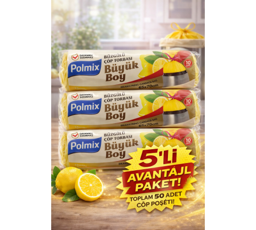 Polmix Limon Kokulu Büzgülü Büyük Boy Çöp Torbası 65x70 cm 10'lu 5 Paket Dayanıklı Sızdırmaz Çöp Poşeti