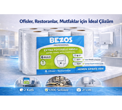 Professional Fotoselli Havlu 18 Rulo – 2 Katlı %100 Selüloz 21 cm Endüstriyel Kağıt Havlu 3X6 Rulo