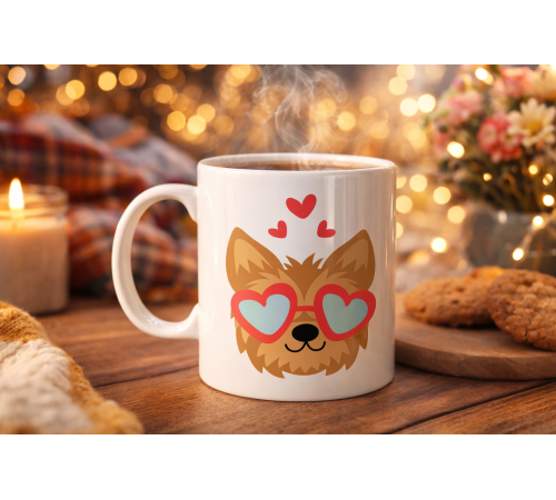 Sevimli Yorkshire Terrier Tasarımlı Porselen Kupa Model 49 – Kalpli Gözlüklü Köpek Desenli, Hediye Kupası