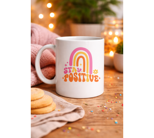 Stay Positive Tasarımlı Porselen Kupa MODEL 144 – Renkli Gökkuşağı Desenli, Motivasyon Veren Kahve & Çay Kupası – Hediyelik Kupa