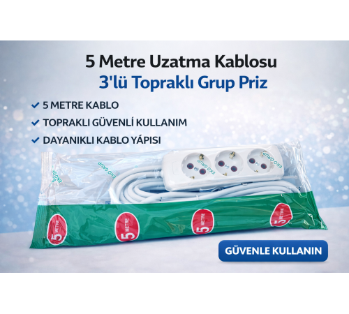 5 Metre Uzatma Kablosu 3’lü Topraklı Grup Priz 16A Dayanıklı Kablo