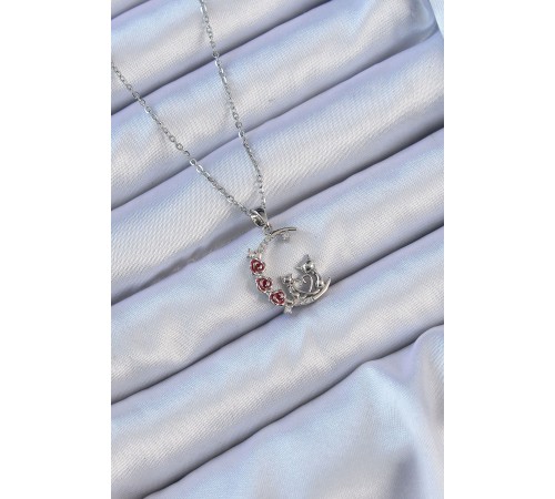 316L Çelik Zincir Gümüş Renk Kırmızı Gül Detay Kedi Figür Zirkon Taşlı Ay Kolye