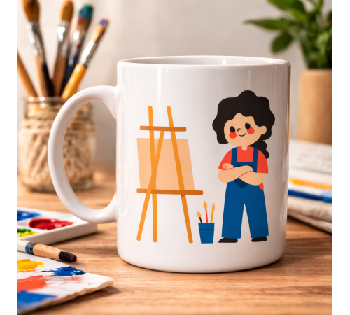 Ressam Tasarımlı Porselen Kupa MODEL 163 – Sanatçı Temalı Kahve Kupası – Ressam Hediyesi – Sanat Severlere Özel Beyaz Kupa