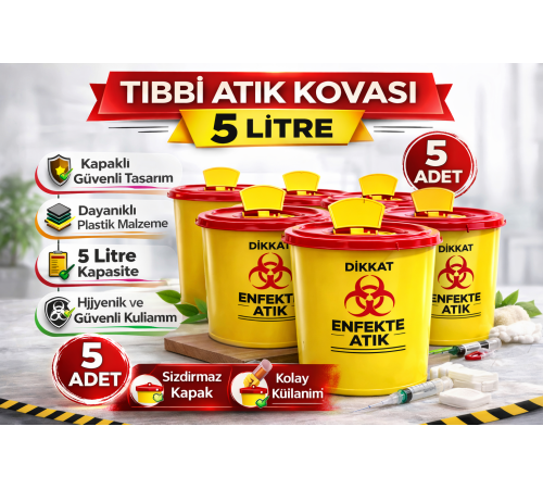 Tıbbi Atık Kovası 5 Litre 5 Adet Kapaklı Tıbbi Atık Kutusu Enfekte Atık Kovası