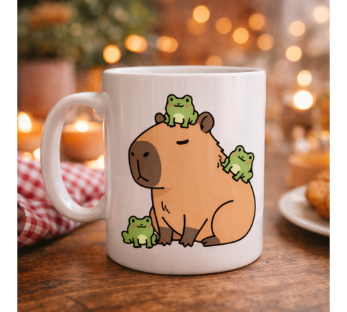 Sevimli Kapibara ve Kurbağa Desenli Porselen Kupa MODEL 98 – Eğlenceli Tasarım, Kahve & Çay Kupası, Hediye Fikri