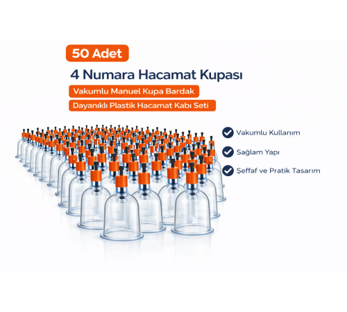 4 Numara Hacamat Kupası 50 Adet Vakumlu Manuel Kupa Bardak Dayanıklı Plastik Hacamat Kabı