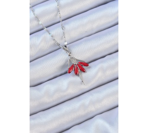 316L Çelik Zincir Gümüş Renk Kırmızı Etekli Zirkon Taşlı Balerin Kolye