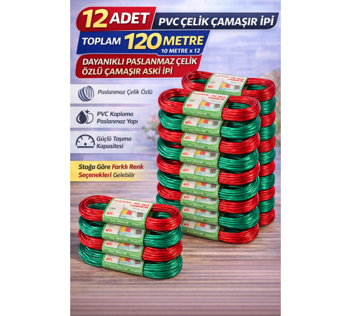 12 Adet PVC Çelik Çamaşır İpi 10 Metre Dayanıklı Çelik Özlü Çamaşır Askı İpi Toplam 120 Metre
