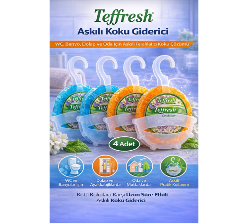 Teffresh Askılı Koku Giderici 4 Adet WC Banyo Dolap ve Oda İçin Askılı Ortam Koku Giderici