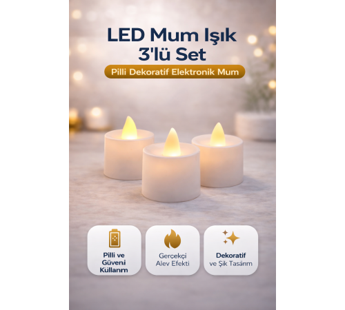 LED Mum Işık 3’lü Set Pilli Dekoratif Elektronik Mum Flicker Alev Efektli 1 Paket