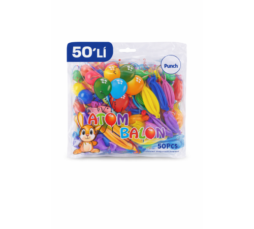 Renkli Atom Balon Punch Balon Lastik İpli Parti Balonu 50 ADET