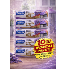 Polmix Lavanta Kokulu Büzgülü Çöp Torbası Büyük Boy 65x70 cm 10'lu 10 Paket Dayanıklı Sızdırmaz Çöp Poşeti