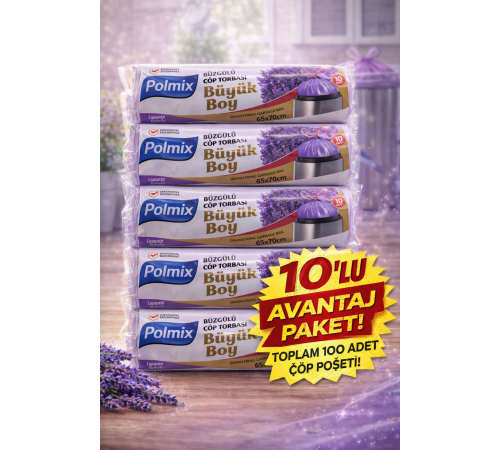 Polmix Lavanta Kokulu Büzgülü Çöp Torbası Büyük Boy 65x70 cm 10'lu 10 Paket Dayanıklı Sızdırmaz Çöp Poşeti