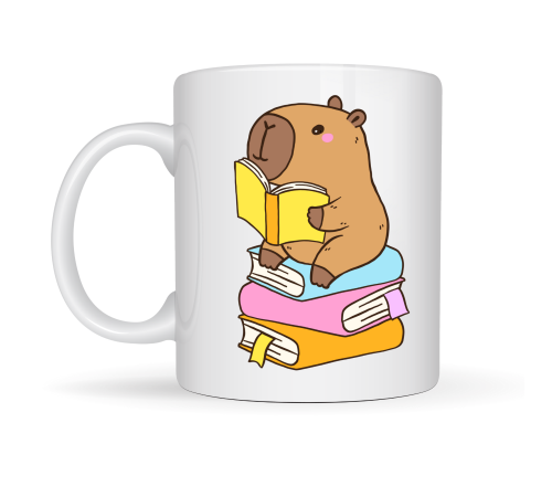 Kitap Okuyan Kapibara Tasarımlı Porselen Kupa MODEL 100 – Kahve & Çay Keyfi İçin Sıcacık ve Sevimli Tasarım CAPYBARA