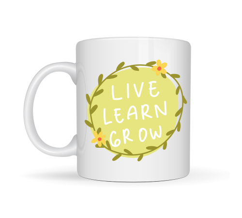 Live Learn Grow Motivasyon Kupası MODEL 133 – YAŞA , ÖĞREN , GELİŞ İlham Veren Tasarım, Porselen Kupa, Pozitif Mesajlı Kahve & Çay Kupası