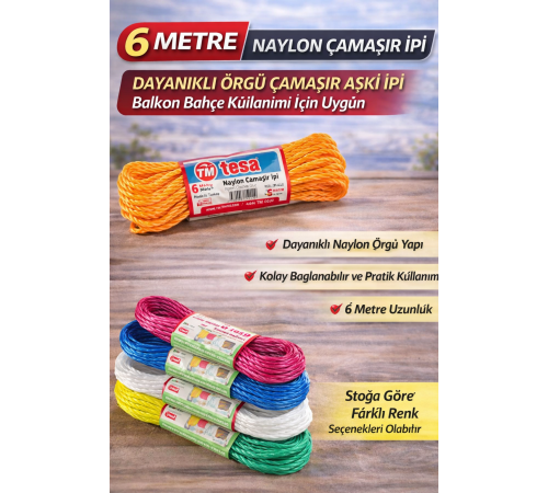 6 Metre Naylon Çamaşır İpi Dayanıklı Örgü Çamaşır Askı İpi Balkon Bahçe Çamaşır İpi 1 Adet