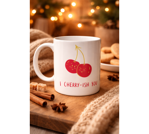 Model 26 – I Cherry-Ish You Yazılı Sevimli Kiraz Tasarımlı Porselen Kupa - Aşk Dolu Hediye Fikri