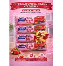 Polmix Çilek Kokulu Büzgülü Büyük Boy Çöp Torbası 65x70 cm 10'lu 5 Paket Dayanıklı Sızdırmaz Çöp Poşeti